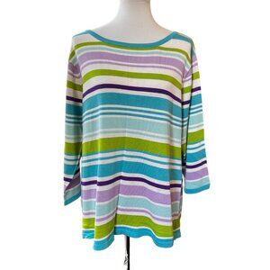 Vintage Linea Top Women Size 2X Striped Silk Cotton 3/4 Sleeve Retro 90s Y2K New